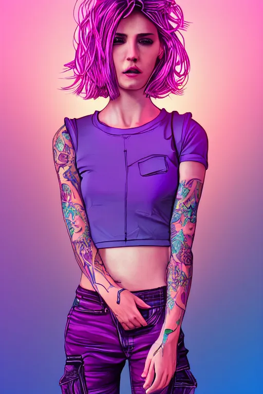 Image similar to a award winning half body portrait of a beautiful woman with stunning eyes in a croptop and cargo pants with ombre purple pink teal hairstyle and hands in pockets by thomas danthony, surrounded by whirling illuminated lines, outrun, vaporware, shaded flat illustration, digital art, trending on artstation, highly detailed, fine detail, intricate