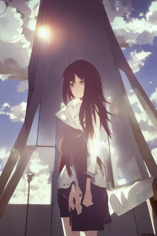 Image similar to Kurisu Makise by Akihiko Yoshida, Makoto Shinkai, with backdrop of Natural Light