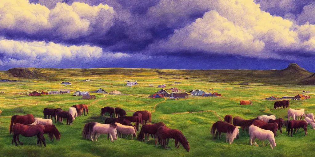 Image similar to a beautiful painting of a icelandic farm, icelandic horses galloping, storm clouds gathering over the town, by studio ghibli 8 k pastel colours, isometric, three point perspective, drone shot, smeared watercolours, golden light, film grain