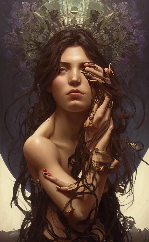 Image similar to portrait of a dark girl with death on mind , surreal, intricate, headshot, highly detailed, digital painting, artstation, concept art, cinematic lighting, illustration, art by artgerm and greg rutkowski, alphonse mucha, cgsociety, science fiction