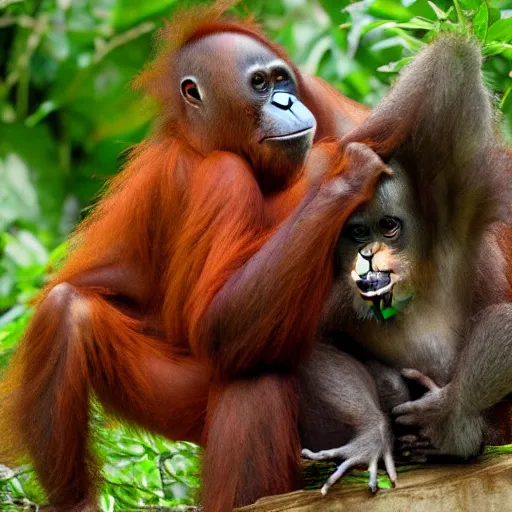 Image similar to an orangutan giving a hug to a racoon