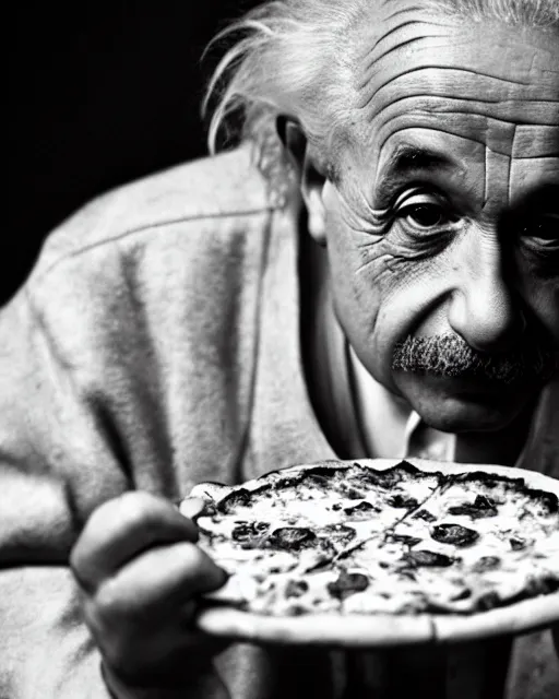 Prompt: A photo of Albert Einstein eating pizza , highly detailed, trending on artstation, bokeh, 90mm, f/1.4