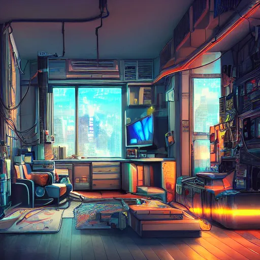 Image similar to the cyberpunk apartment, render, octane, 4k, highly detailed, vivid colors, high definition, by Makoto Shinkai