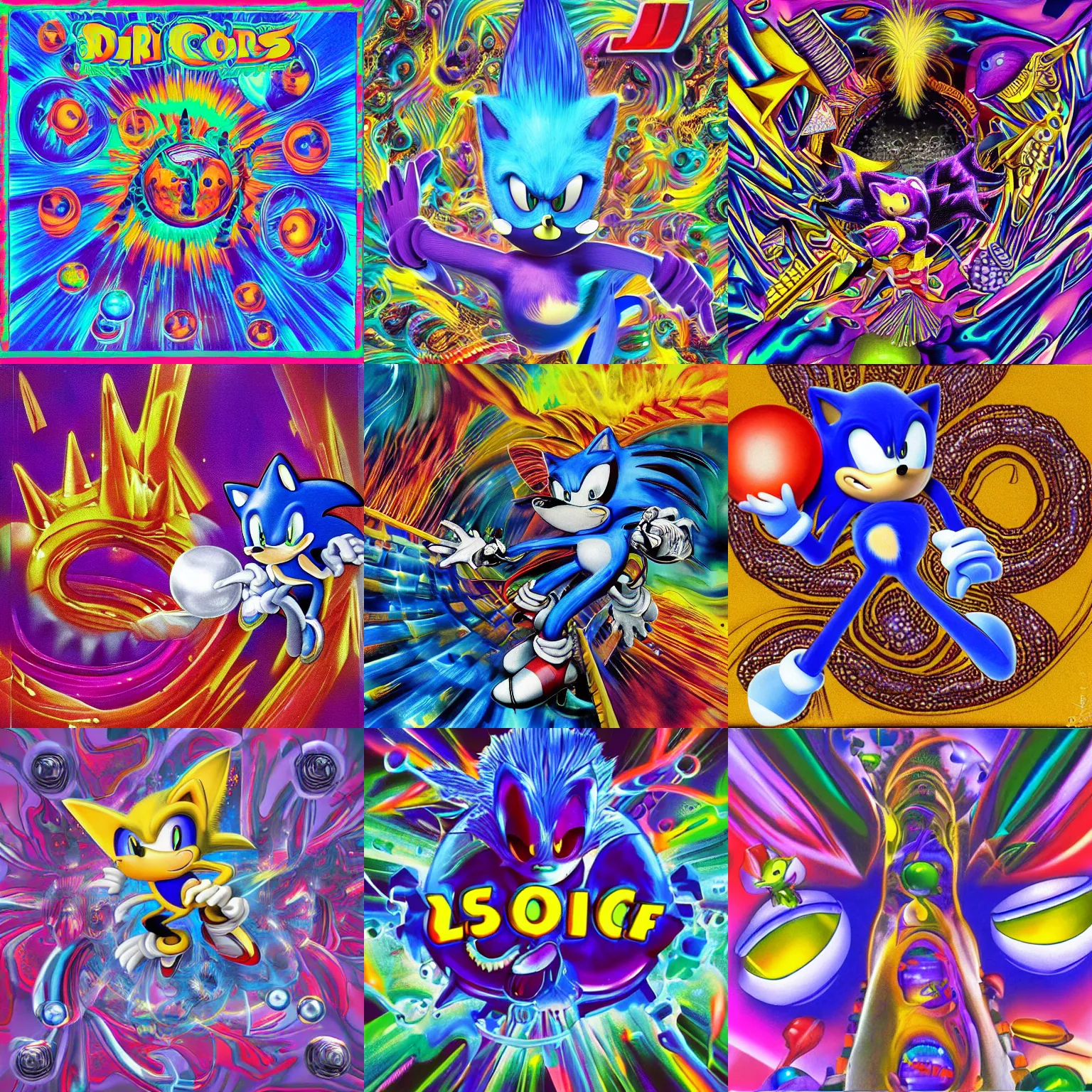Prompt: surreal, sharp, detailed professional, sonic high quality airbrush art mgmt album cover of a liquid dissolving lsd dmt blue sonic the hedgehog with spheres, cones, springs, purple checkerboard background, 1 9 9 0 s 1 9 9 2 sega genesis video game album cover
