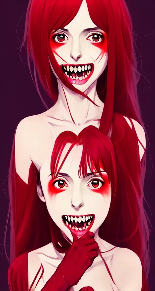 Prompt: beautiful anime vampire girl Alison Brie sharp teeth, red glowing hair, smiling, full body pose, symmetrical face symmetrical eyes, blurry background, Jamie McKelvie comic art, Alexandra Fomina artstation, face by Ilya Kushinov style, style by Loish, Norman Rockwell, painterly style, flat illustration