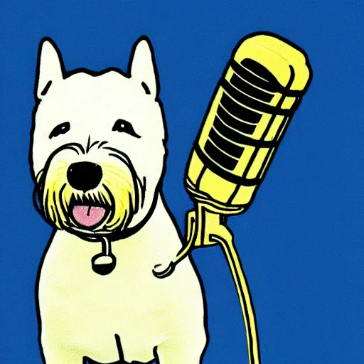 Prompt: tintin wearing headphones and speaking into big microphone, podcast! white terrier, drawn in the style of jean giraud!!