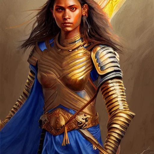 Image similar to highly detailed painting of a warrior goddess with maldivian, tan skin, blue eyes, golden armor with cape and brown hair high fantasy art by jon foster trending on arstation