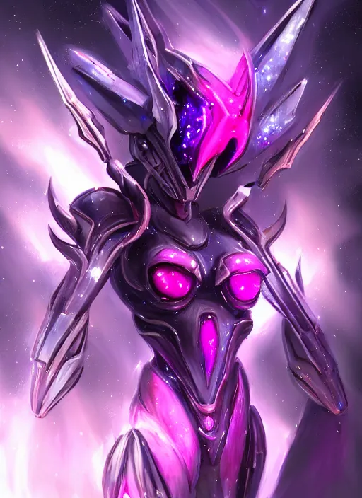 Image similar to cinematic bust shot, cosmic beautiful stunning giant robot mecha hot female dragon goddess, sharp spines, sharp metal ears, smooth purple eyes, smooth fuschia skin, elegant smooth silver armor, nebula size, epic proportions, epic scale, macro furry, furry art, dragon art, goddess art, giantess art, warframe, warframe fanart, furaffinity, octane