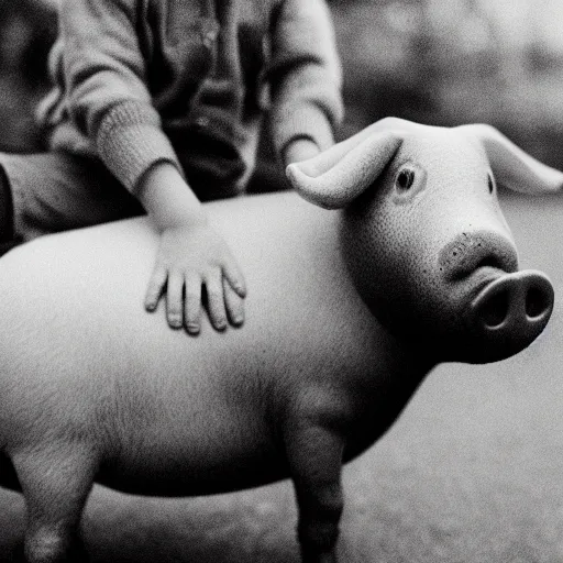 Image similar to illustration of boy riding pig, black and white, cinestill, 800t, 35mm, full-HD