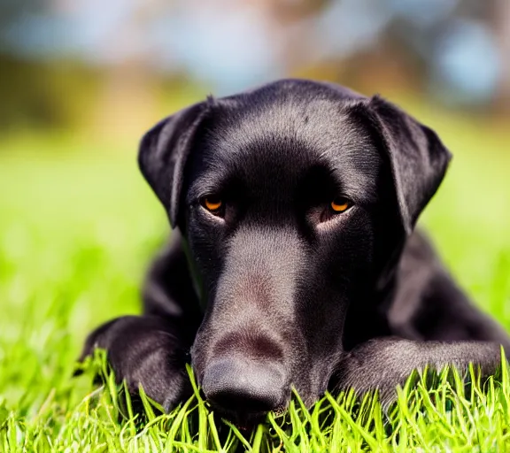 Prompt: a cute! black labrador dog lying in grass, bokeh