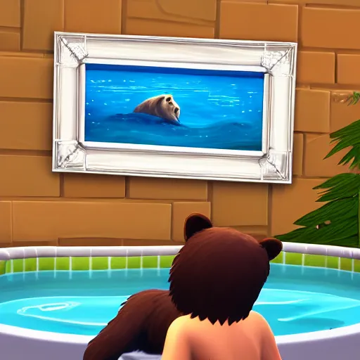 Image similar to a portrait frame of a bear in jacuzzi, the sims 4 oil panting