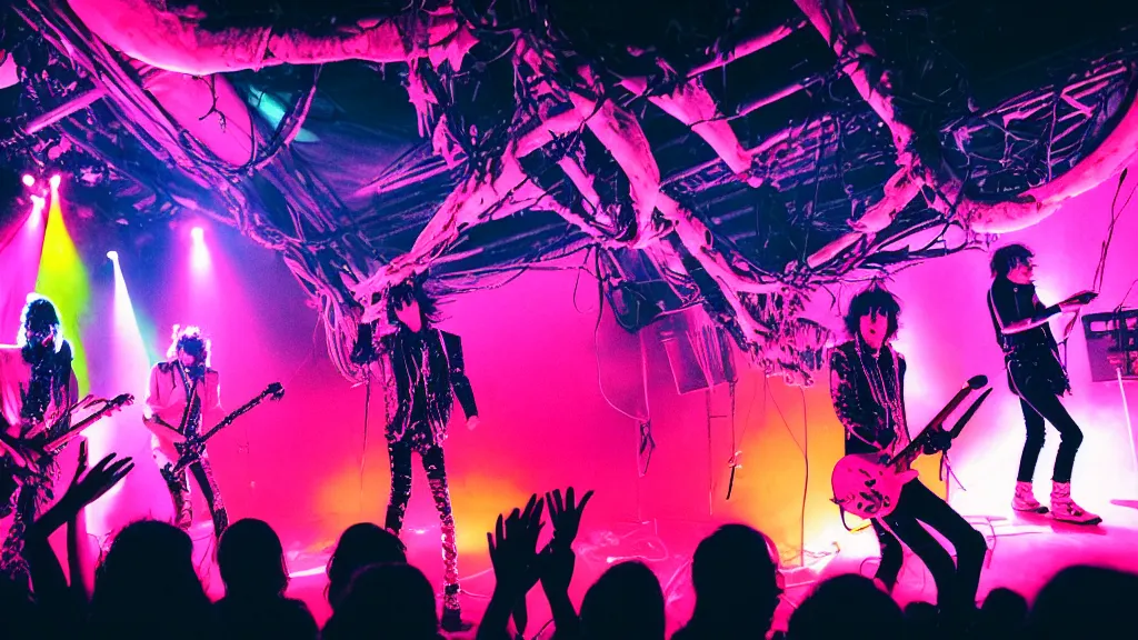 Prompt: a concert of the Voidz and Julian Casablancas on the moon, all the members of the band are making dramatic poses, while people go crazy listening to their songs, the stage is decorated in a psychedelic style inspired by the eighties and you can see behind the stage a part of the pink skeleton of a llama, professional photography, 17mm, cinematic photography, photography by Todd Owyoung, high resolution 4k