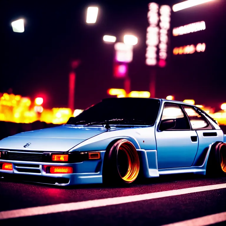 Prompt: close-up-photo Nissan S30 turbo illegal roadside night meet, work-wheels, Shibuya shibuya, cinematic color, photorealistic, deep dish wheels, highly detailed night photography