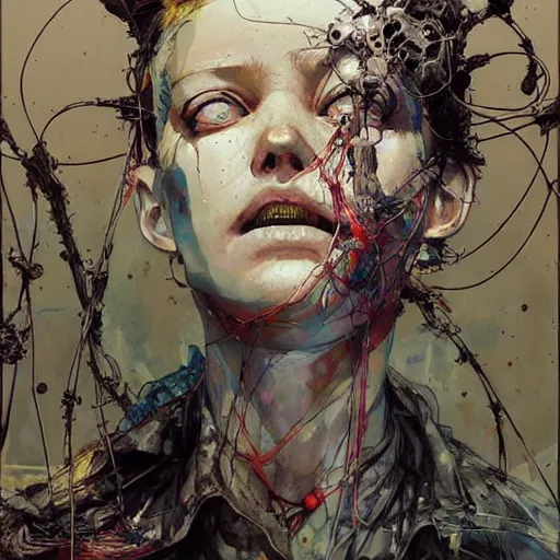 Image similar to the last wanderer of earth, post - apocalyptic wasteland, wires cybernetic implants, in the style of adrian ghenie, esao andrews, jenny saville, surrealism, dark art by james jean, takato yamamoto