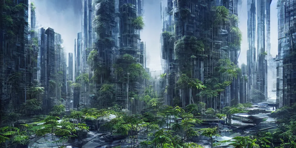 Prompt: bamboo garden in the middle of a futuristic megacity, sci-fi, matte painting, concept art, style by dylan cole