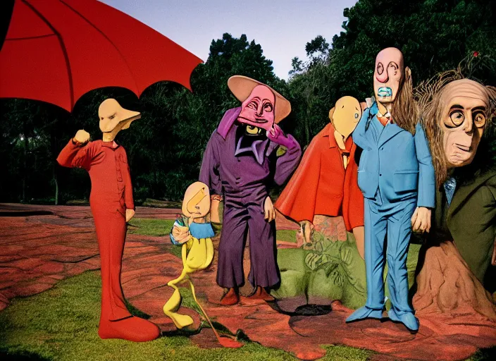 Image similar to dramatic color photo of dadcore occult wizards on vacation at pedroland park by basil wolverton by robert crumb by william eggleston by annie leibovitz, detailed and creepy, fujifilm velvia 5 0, color photography, sigma 2 8 mm