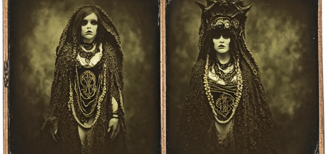 Prompt: tintype ambrotype daguerreotype of a cthulhu priestess adorned in occult jewels wearing occult ceremonial robes. with tentacle hair. emerging walking out of a slithering baroque frame.