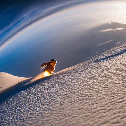 Prompt: A long shot of An astronaut snowboarding on Marsian sand dunes, at sunset, with wide angle lens, 15 mm