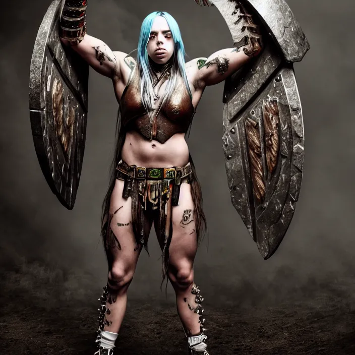 Image similar to full length photo of billie eilish as an muscular amazon warrior, highly detailed, 4 k, hdr, smooth, sharp focus, high resolution, award - winning photo