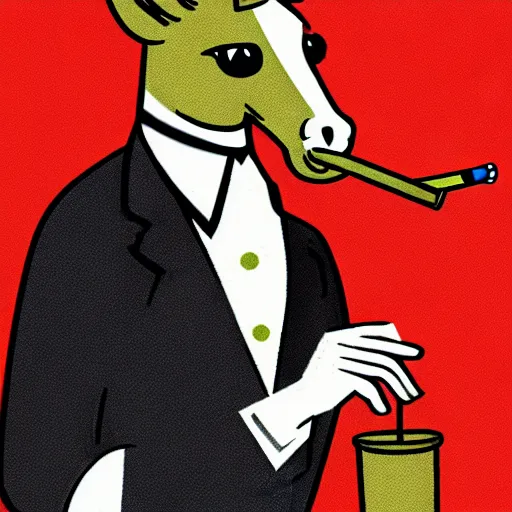 Image similar to an antropomorphic horse wearing a suit smoking a cigar