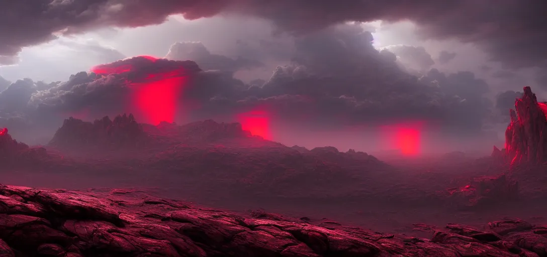 Image similar to dramatic view of empty rocky alien wasteland, mysterious red glowing fog, sharp craggy rocks, glowing ominous clouds,, unreal engine, dramatic lighting, detailed, ambient occlusion, global illumination, god rays, 3 d artstation render by greg rutowski and jessica rossier