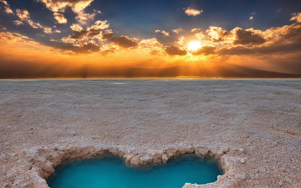 Prompt: the dead sea, beautiful sunset with colorful clouds, rays of sunshine, low angle, professional photo