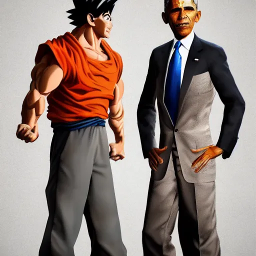 Image similar to full body elegant portrait of a chimera fusion of son goku and barack obama, gta art, gta cover art, realistic art, unreal engine 5 art, d & d design