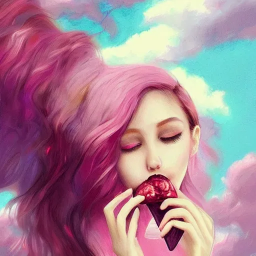 Image similar to beautiful girl eat a pink ice cream on nature background, acrilic paint, digital, artstation, detailed intricate ink illustration, heavenly atmosphere, digital art, overdetailed art, concept art, complementing colors, trending on artstation, cgstudio, the most beautiful image ever created, dramatic, subtle, details, award winning artwork, beautiful scenery