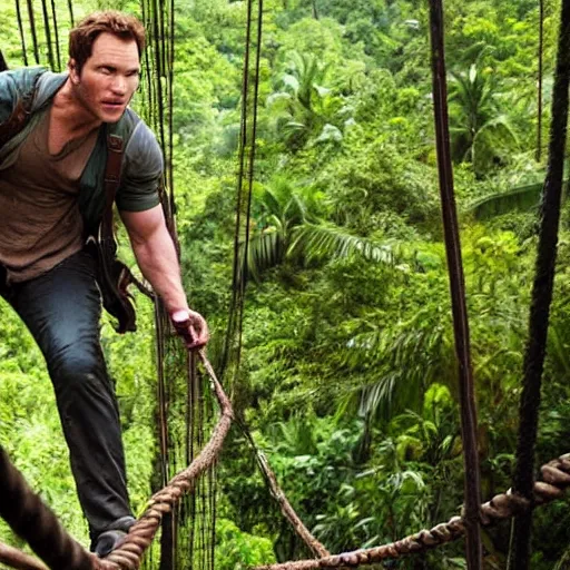 Image similar to Chris Pratt playing India Jones, crossing a rope bridge across a huge chasm in the jungle, machete in hand