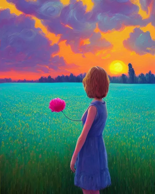 Image similar to girl with a giant carnation as face, surreal photography, flower field, sunset dramatic light, impressionist painting, colorful clouds, blue sky, digital painting, artstation, simon stalenhag