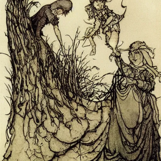 Prompt: the mother was great. she made even the giants look small. the giants were great. thou art tiny, like a little doll. arthur rackham illustration, extremely high quality