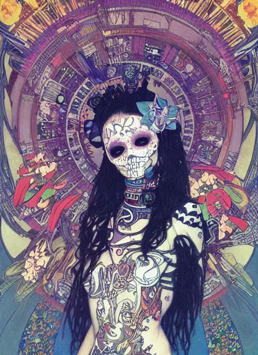 Image similar to cute punk goth fashion fractal Día de los Muertos tattooed girl posing in a astronaut suit, psychedelic poster art of by Victor Moscoso Rick Griffin Alphonse Mucha Gustav Klimt Ayami Kojima Amano Charlie Bowater, masterpiece