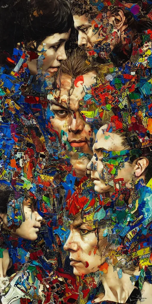 Image similar to unbelivable tension between two people, surreal, vivid colors, intricate design, painting by Alexander Mandradjiev, part by Yoji Shinkawa, part by Norman Rockwell