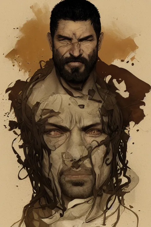 Prompt: very detailed portrait of a rugged man in his mid thirties, strong jaws, latino features, wearing a black t - shirt, earthy color scheme, by wlop and krenz cushart and artem demura and alphonse mucha and artgerm, historical fiction, detailed eyes, starry background, trending, on artstation.
