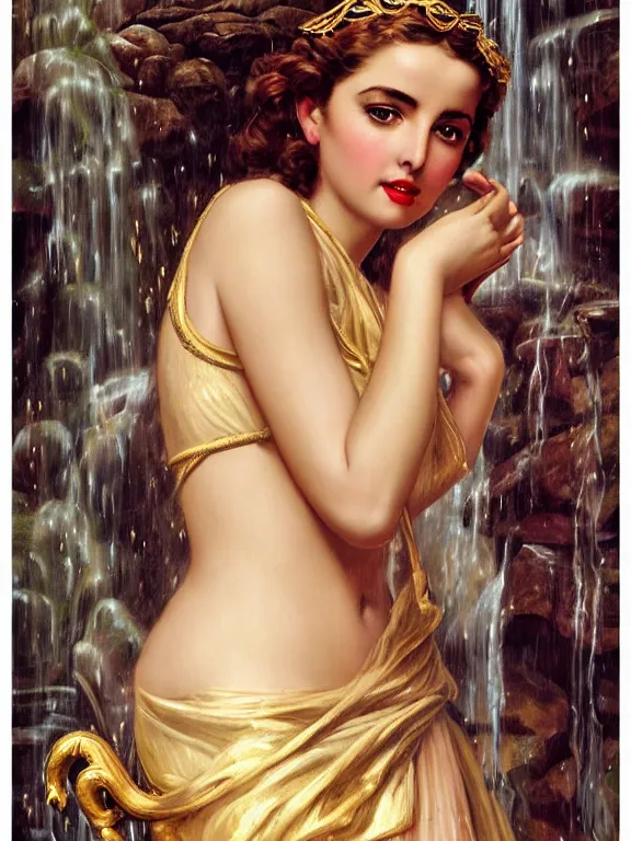 Prompt: Ana de armas as the Roman goddess of the waterfall, a beautiful art nouveau portrait by Gil elvgren, Roman temple environment, centered composition, defined features, golden ratio, gold jewlery, photorealistic professional lighting, cinematic