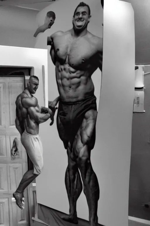 Prompt: Mr Bean smirking behind a cardboard cutout of a ripped body builder gigachad body pretending it's his, grayscale photography