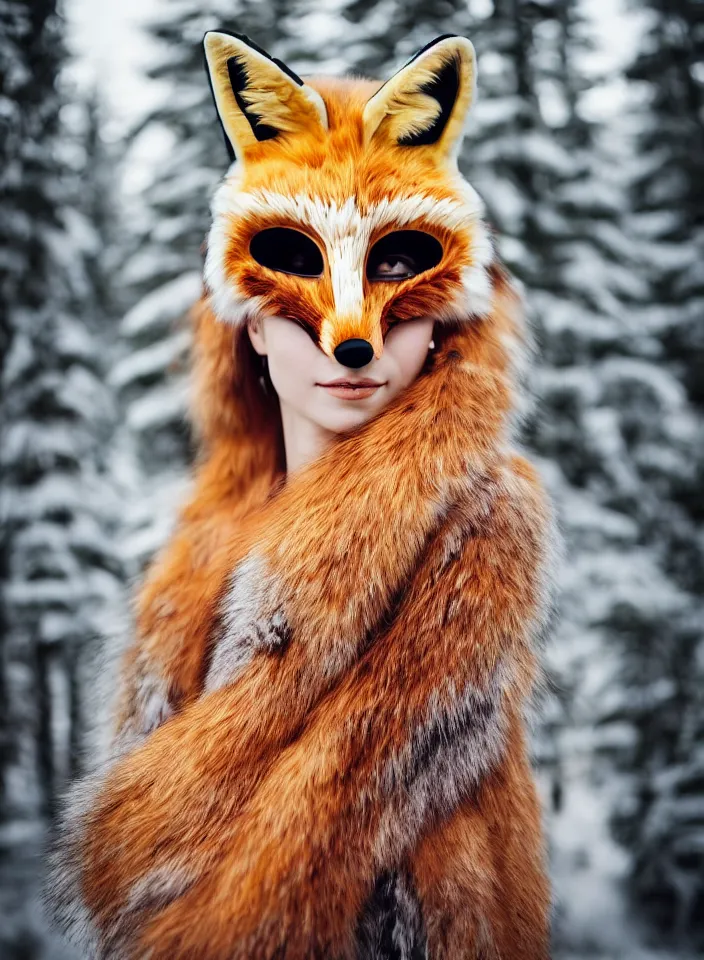 Prompt: a head and shoulders portrait of a beautiful woman wearing a realistic fox mask, long flowing hair, taxidermy, real fur, whiskers, by Nina Masic, by Flora Borsi, by Ilya Kuvshinov, 50mm f/1.4, bokeh, kodak ektar, magical forest