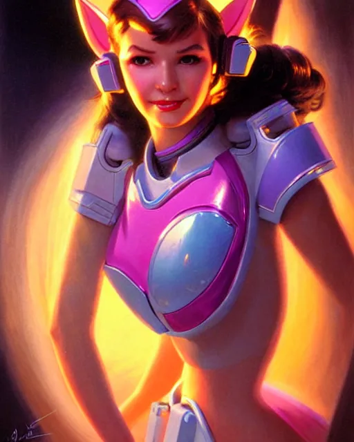 Image similar to d. va from overwatch, character portrait, portrait, close up, vintage fantasy art, vintage sci - fi art, radiant light, caustics, by boris vallejo