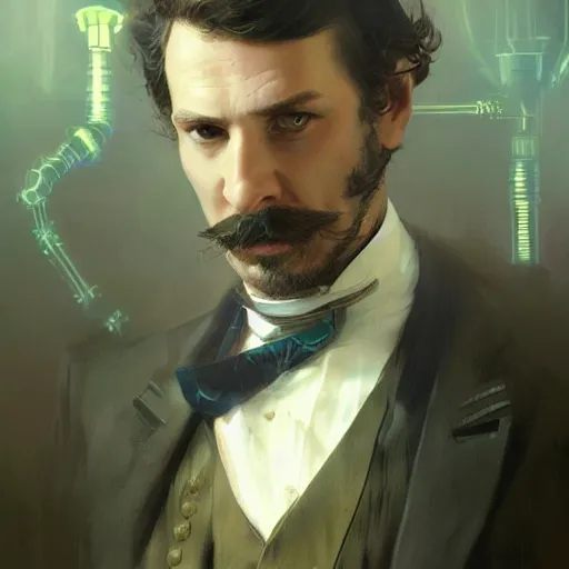 Image similar to a dapper victorian man with a glowing cybernetic device on his chest, sci fi character portrait by greg rutkowski, craig mullins