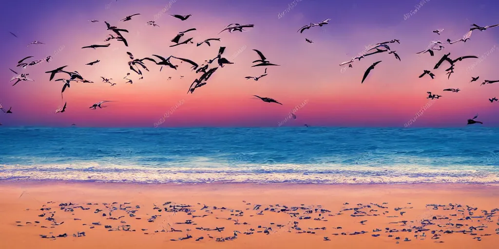 Image similar to seagulls flying over the ocean during the sunset as the sand twinkles, realistic