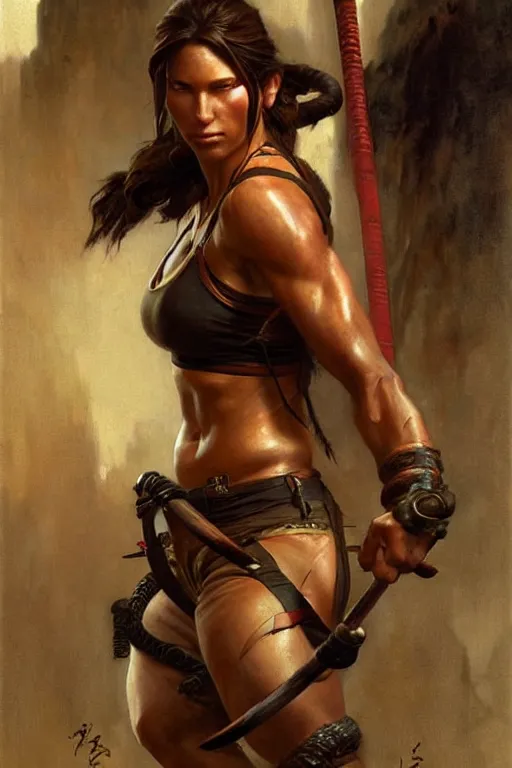 Prompt: muscular sweat lara croft as samurai, highly detailed painting by gaston bussiere, craig mullins, j. c. leyendecker 8 k