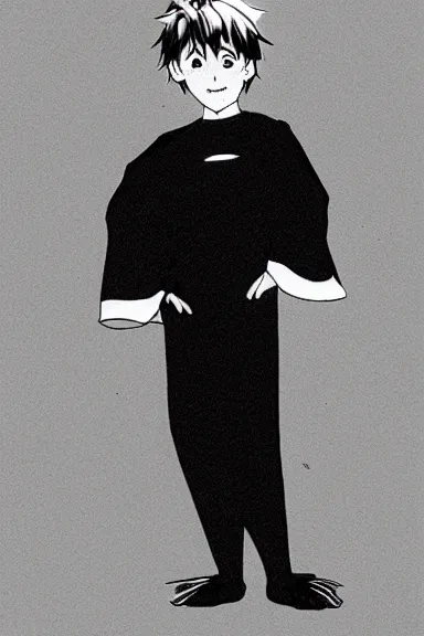 Prompt: attractive little boy in black cat suit with cape, black and white artwork made by hiroshiko araki,