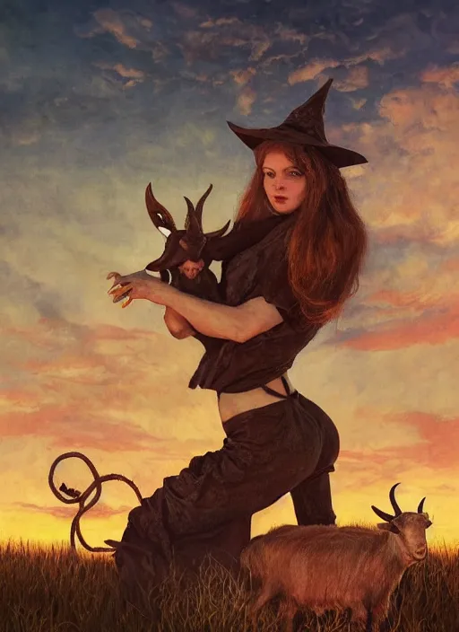 Prompt: symmetry!!! half length portrait of a biblical diabolical witch! girl burning riding a cute goat, fire, clouds, sunset, studio light, by beeple, by mikhail vrubel, by peter elson, muted colors, extreme detail, trending on artstation, 8 k