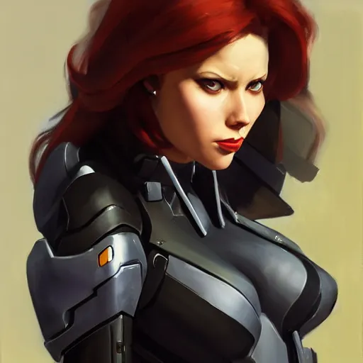 Image similar to greg manchess portrait painting of black widow as overwatch character, medium shot, asymmetrical, profile picture, organic painting, sunny day, matte painting, bold shapes, hard edges, street art, trending on artstation, by huang guangjian and gil elvgren and sachin teng