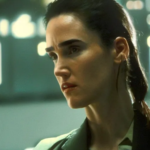 Image similar to jennifer connelly in matrix, cinema, still from movie, action, blu ray, 4 k, strong acting