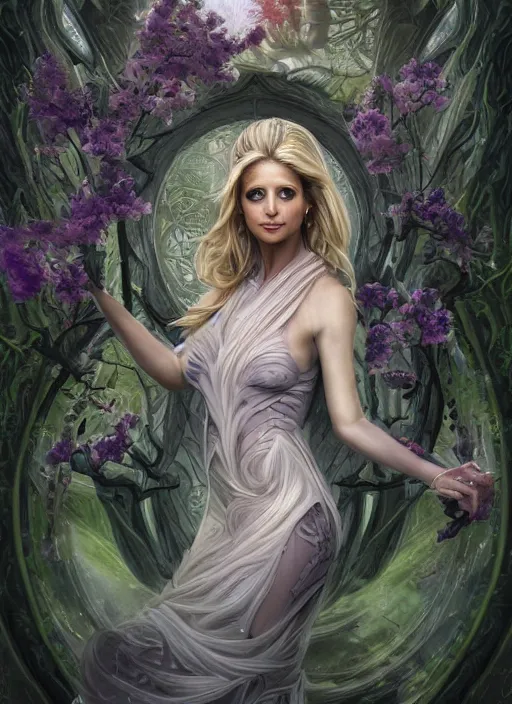 Prompt: portrait of Sarah Michelle Gellar as a everreaching Goddess of despair, a futuristic diety, inside future fighter, sci-fi, fantasy, intricate, lush garden spaceship with sakura season flowers, elegant, human anatomy, royal green and nature light, highly detailed, digital painting, artstation, concept art, smooth, sharp focus, illustration, art by tian zi and WLOP and alphonse mucha, masterpiece, 3d blender