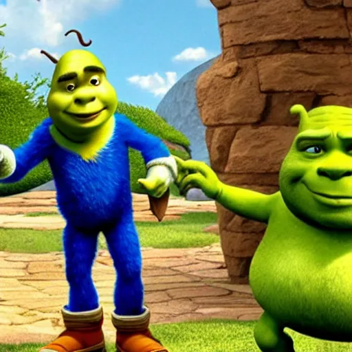 Prompt: A still of Shrek meeting Sonic the Hedgehog for the first time in Shrek (2001) by Dreamworks