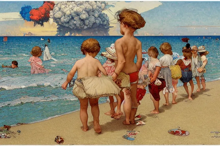 Prompt: kids playing at the beach, huge atomlc explosion in the background, wide angle shot, by norman rockwell, by mattias adolfsson, by alphonse mucha, oil on canvas,