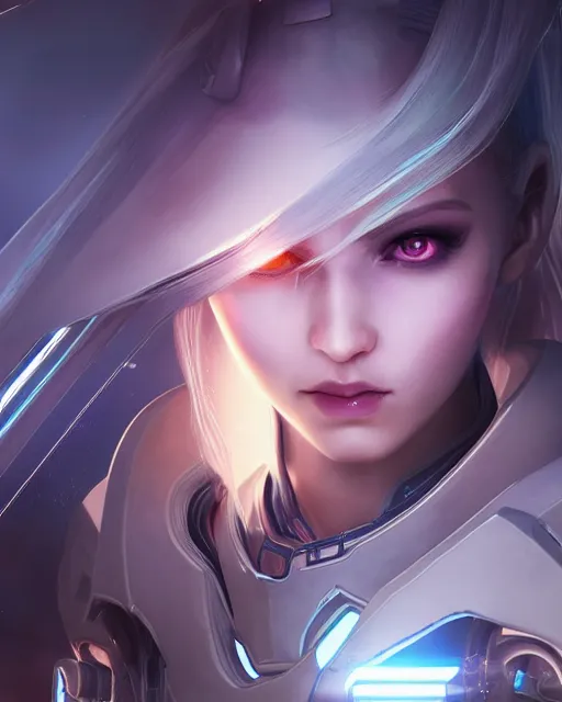 Image similar to perfect android girl on a mothership, warframe armor, beautiful face, scifi, futuristic, galaxy, nebula, raytracing, dreamy, long white hair, blue cyborg eyes, sharp focus, cinematic lighting, highly detailed, artstation, divine, by gauthier leblanc, kazuya takahashi, huifeng huang