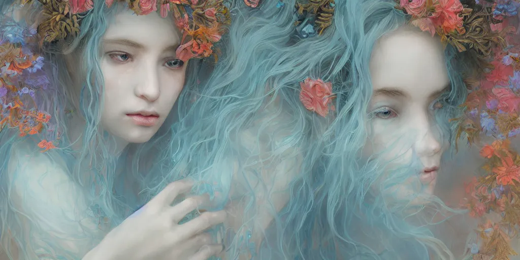 Image similar to breathtaking detailed concept art painting portrait of the hugs goddess of light blue flowers, carroty hair, orthodox saint, with anxious piercing eyes, ornate background, amalgamation of leaves and flowers, by hsiao - ron cheng, extremely moody lighting, 8 k